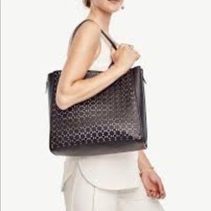 Ann Taylor laser cut perforated tote black zipper